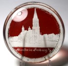 German or Bohemian Souvenir Paperweight with Ruby Stain Engraved Scene of Mnster in Freiburg
