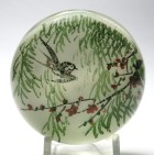 Rare Chinese White Paperweight with Bird Flying Through Bush with Red Flowers