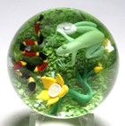 Rare Lewis and Jennifer Wilson Crystal Myths Meadow Scene Paperweight with Coral Snake, Frog, and Yellow Flower