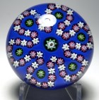 Large Parabelle Glass 1990 Limited Edition Looped Millefiori Garland on Opaque Blue Ground Paperweight