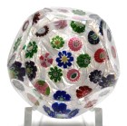 Antique Clichy Miniature Faceted Concentric Millefiori on Lace Paperweight with Rose
