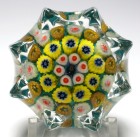 Miniature Strathearn Eight Pointed Star Concentric Millefiori Paperweight with Opaque Turquoise Ground