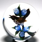 Early Rick Ayotte 1986 Miniature Swainson's Thrush with Blue Flax Flowers and Foliage Paperweight